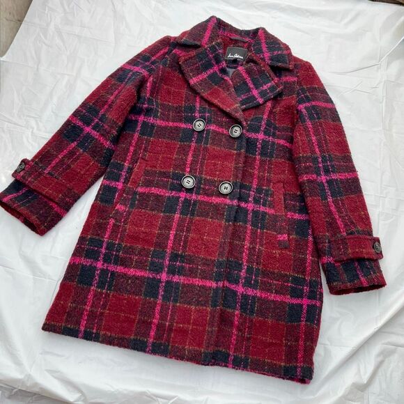 Sam Edelman Pink Red Plaid Coat | Wool Blend Double Breasted Peacoat - Picture 5 of 12